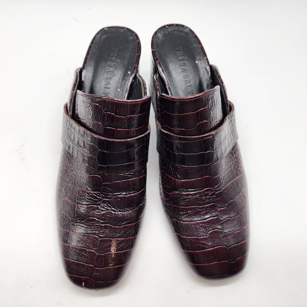 Freda Salvador Croc Embossed Heeled Mules Womens 7 Brown Leather Spain - Picture 3 of 11